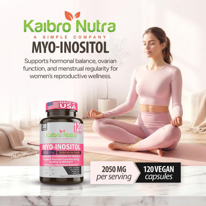 Kaibro Nutra Myo-Inositol Supplement, Myo-Inositol & D-Chiro Inositol 40:1 Ratio, Women's Health Support with Vitamin B8, 2050mg, Vegan, Non-GMO Capsules (120 Count)