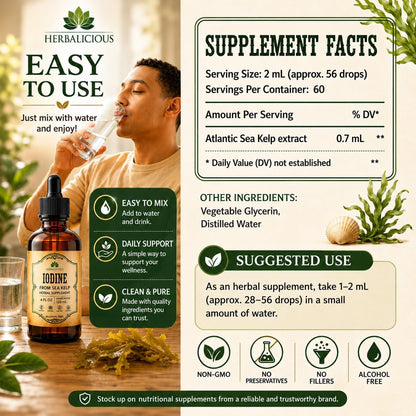 HERBALICIOUS Iodine Drops – Natural Iodine from Sea Kelp – Organic Non-GMO Thyroid Supplement – 118 ml