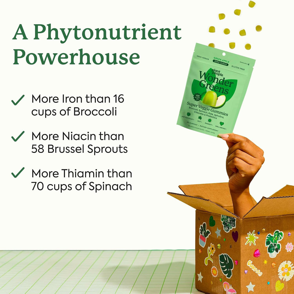 Plant People WonderGreens Veggie Gummies - Super Greens with Probiotics, Green Apple (60 Gummies) - görsel 2