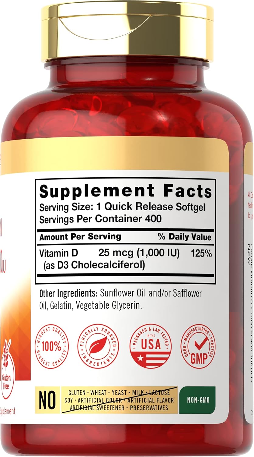 Carlyle Vitamin D3 1000 IU | 25 mcg | 400 Softgels | High Potency | Non-GM & Gluten-free Supplement - görsel 2