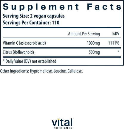 Vital Nutrients Vitamin C with Bioflavonoids - 1000 mg Vitamin C and 500 mg Citrus Bioflavonoids - Vegan, Non-GMO - 220 Capsules