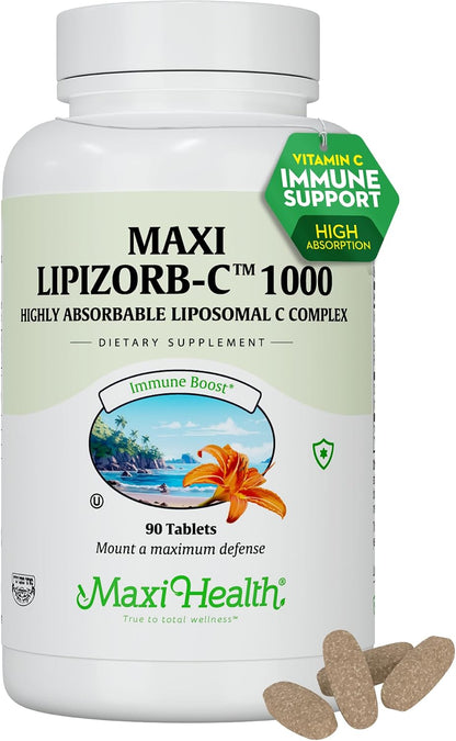 Maxi Health Vitamin C 1000mg – Gentle on Stomach Liposomal Vitamin C Supplement for Normal Immune Function – Digestive Blend with Quercetin, Ginger, Black Pepper – Vegan, Kosher, 90 Count, 90-Day Supply