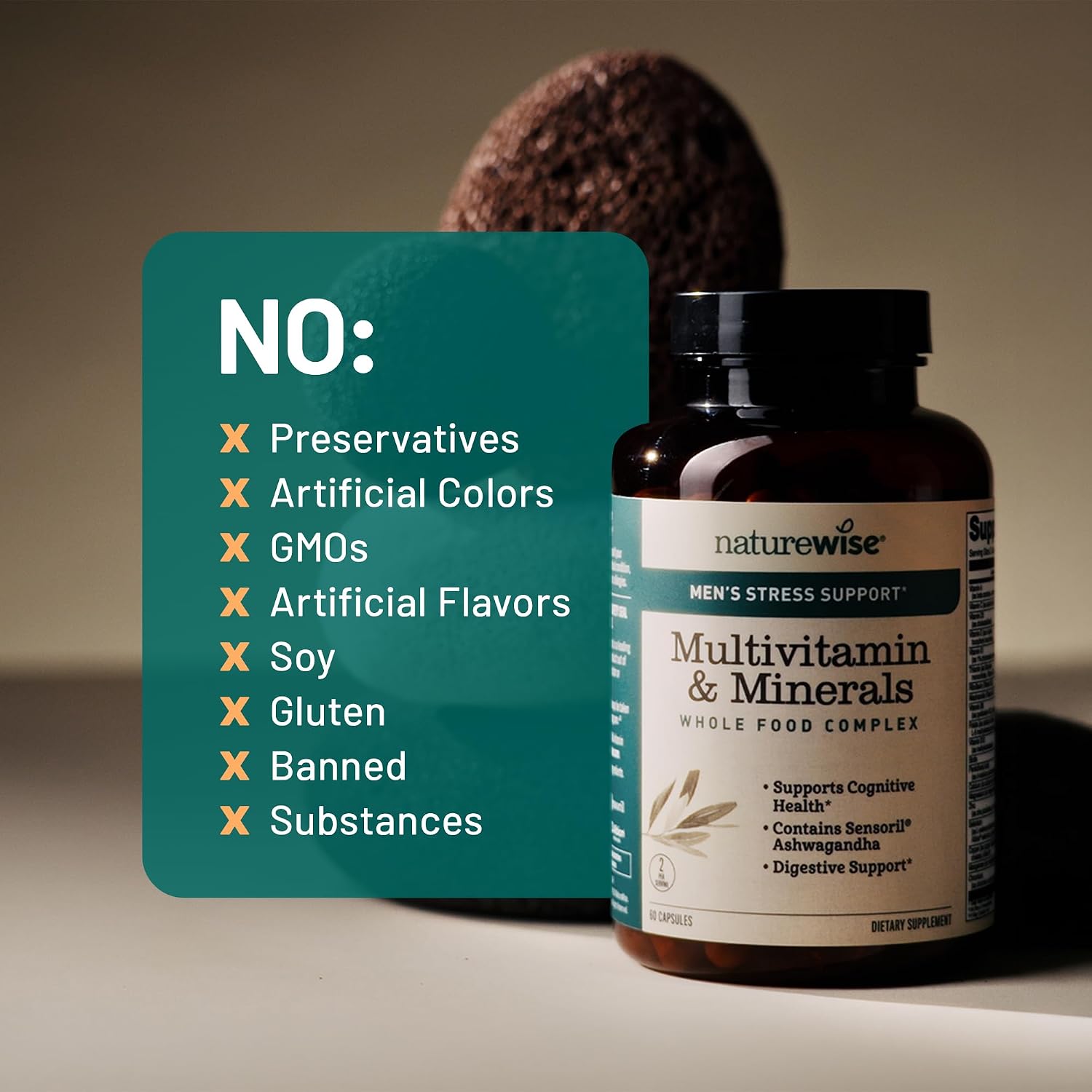NatureWise Multivitamin for Men + Stress Support + Fulvic Ionic Minerals + Probiotics for Immunity, Male Health, Digestion + Whole Organic Foods - Vegetarian, Non-GMO - 60 Capsules - görsel 8