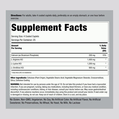 Piping Rock Tri Amino Supplement | 100 Caplets | L-Arginine, L-Ornithine, L-Lysine