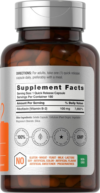 Horbäach Vitamin B2 100 mg, 180 Capsules - Riboflavin Supplement, Non-GMO & Gluten-free