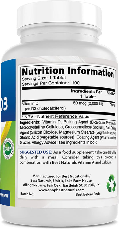 Best Naturals Vitamin D3 2000 IU (50 mcg) - 100 Tablets