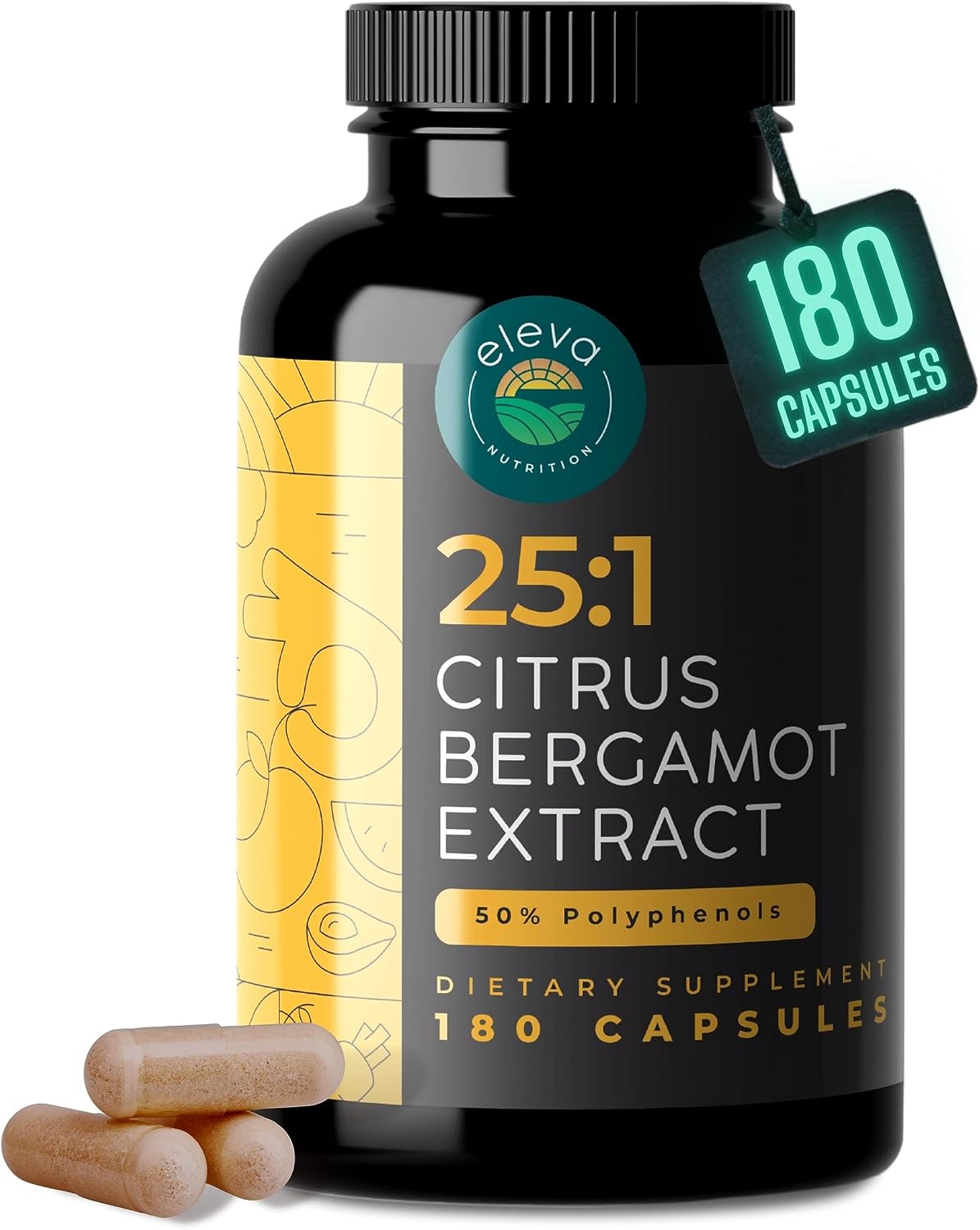 Citrus Bergamot Extract 1000mg Capsules — Natural 25:1 Citrus Bergamot Supplement with 50% Polyphenols and Black Pepper Extract — Natural Formula Vegan and Non-GMO — 180 Capsules - görsel 1