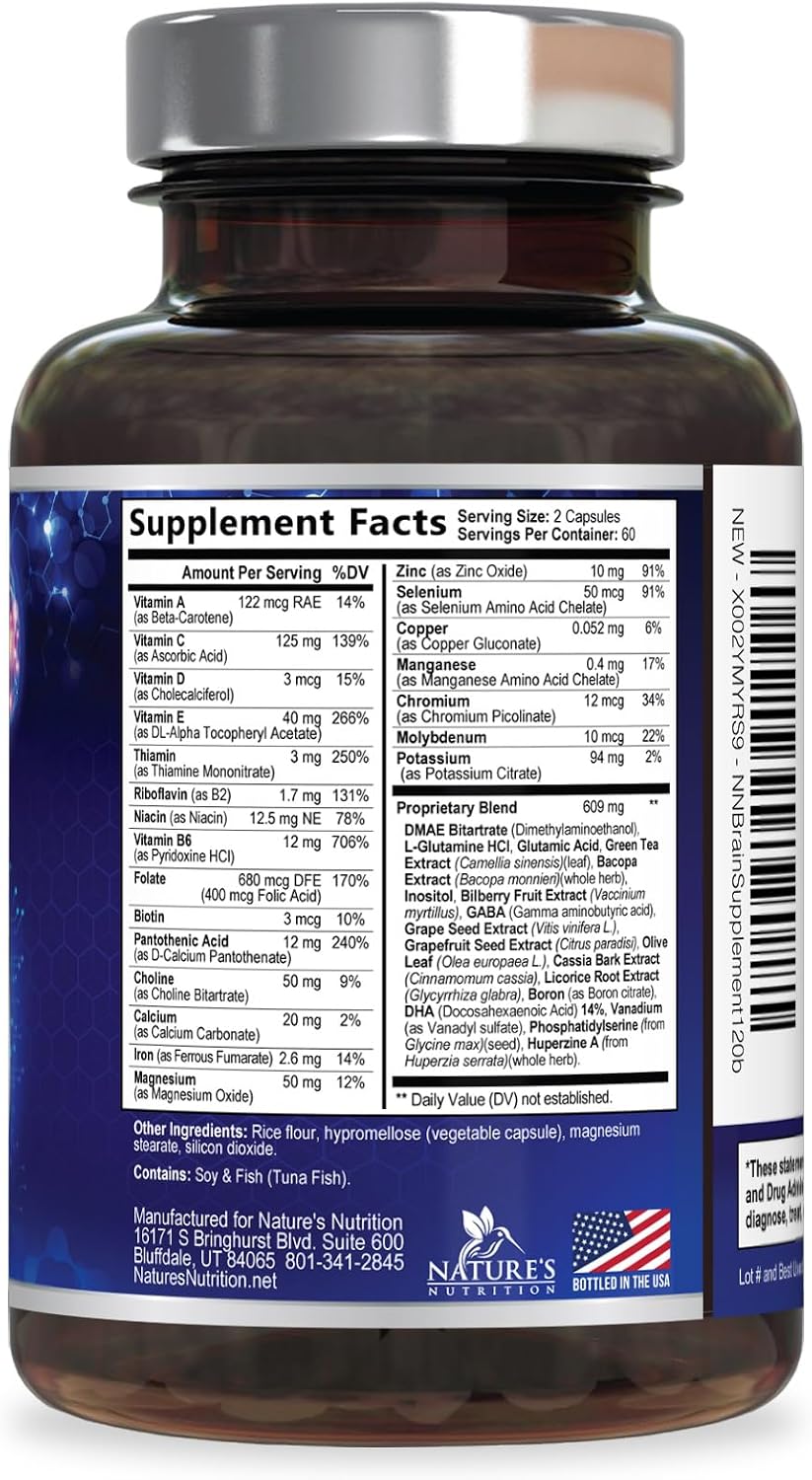 Nature's Nutrition Brain Memory Supplement - Triple Strength Nootropics for Concentration, Clarity and Focus Support – 120 Capsules - görsel 9