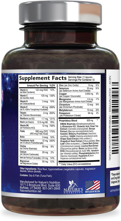 Nature's Nutrition Brain Memory Supplement - Triple Strength Nootropics for Concentration, Clarity and Focus Support – 120 Capsules