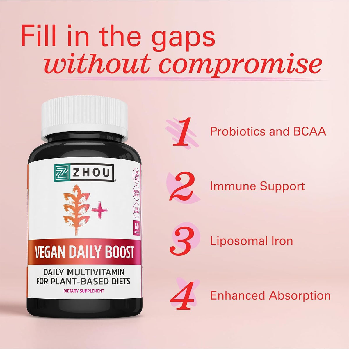 Zhou Vegan Multivitamin for Women and Men – Daily Supplement with Iron, Zinc, B12 and DHA – 60 Vegan Capsules - görsel 4