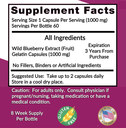 Blueberry Extract Food Supplement, 60 Capsules, 2 Month Supply, Natural, Non-GMO and Gluten-free
