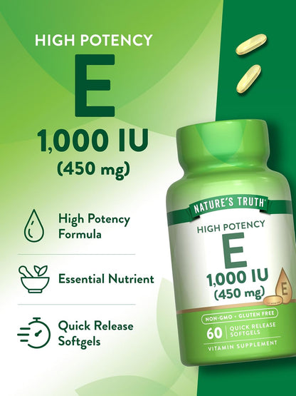 Nature's Truth Vitamin E Softgels | 1000 IU | 60 Count | Non-GM & Gluten-free Supplement