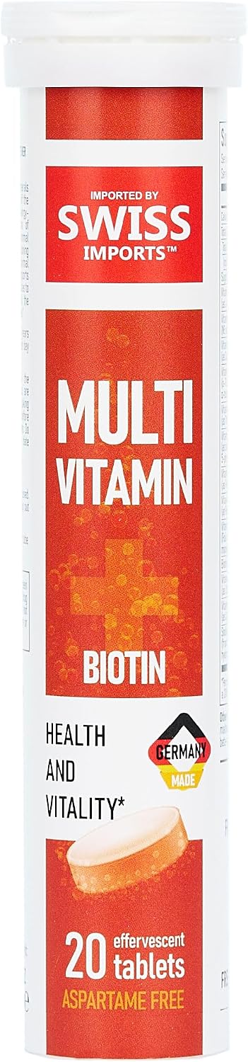 Swiss Imports Effervescent Multivitamins + Biotin – Food Supplement with Vitamins C, E, B1, B2, B6, B12, A, D3, 20 Tablets - görsel 1