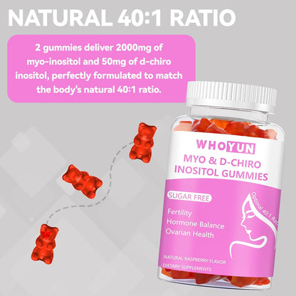 Whoyun Inositol Gummies - Sugar-Free Myo-Inositol & D-Chiro Inositol (40:1 Ratio), 60 Count