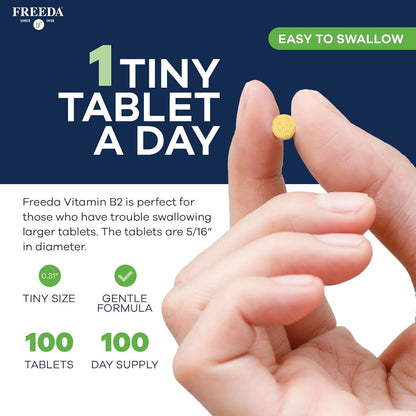 FREEDA Riboflavin Vitamin B2 Tablets – 50mg – Optimised Dose for Energy & Nervous System Support – Kosher, Vegan, GF B2 Vitamins Supplement – VIT B 2 for Brain & Metabolism (100 Ct)
