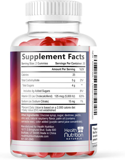 Vitamin D3 Gummies 125 µg (5000 IU) Per Serving - Triple Strength Immune & Bone Support, Vitamin D Gummy Food Supplement, Nature's Berry D Vitamin Supplement, Raspberry Flavoured - 60 Gummies