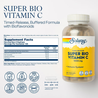 SOLARAY Super Bio Vitamin C 1000mg – Buffered Timed Release with Bioflavonoids, 250 Veg Capsules