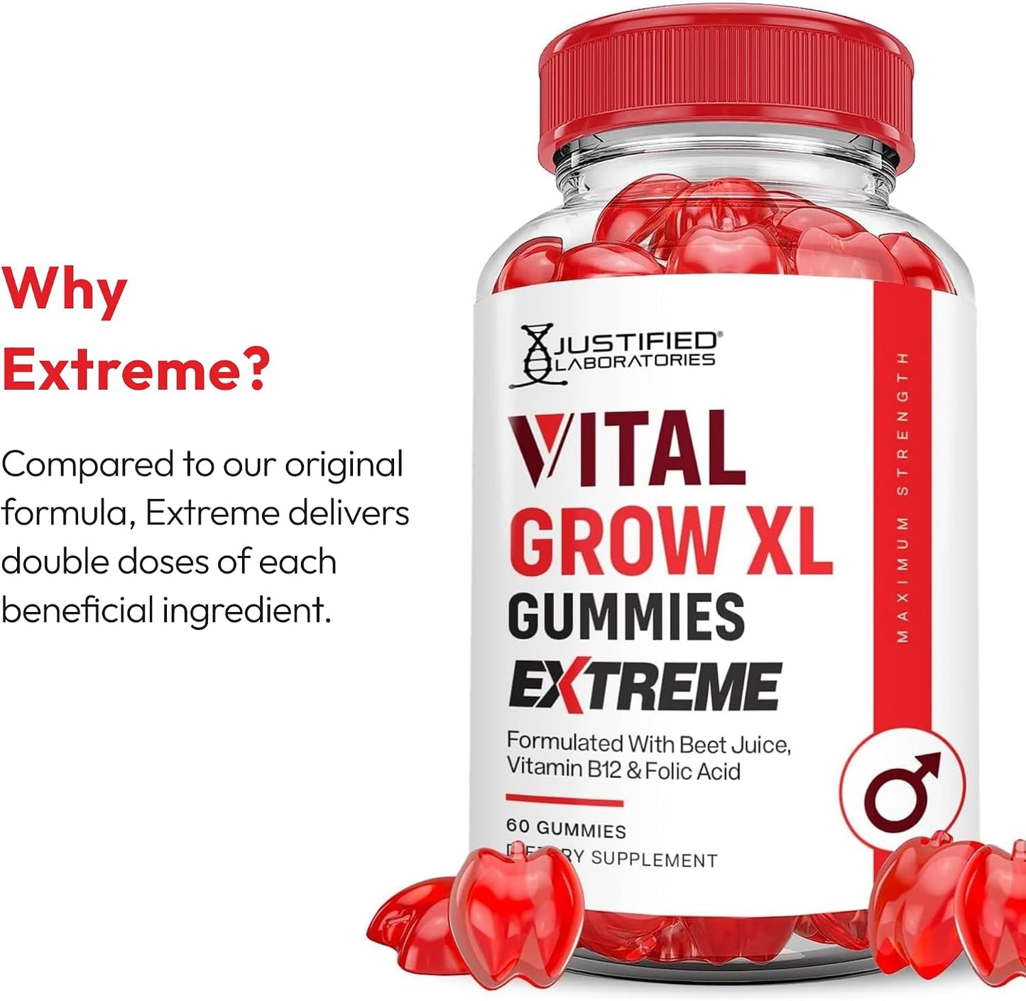 Justified Laboratories Vital Grow XL Gummies Extreme (2000 mg) - 60 Count - Formulated with Apple Cider Vinegar, Folate & Vitamin B12 - Non-GMO, Vegan, Gluten-free - 30 Servings - görsel 6