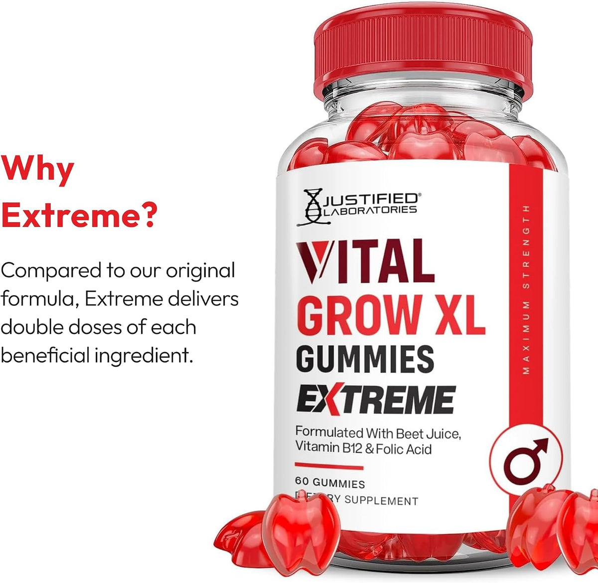 Justified Laboratories Vital Grow XL Gummies Extreme (2000 mg) - 60 Count - Formulated with Apple Cider Vinegar, Folate & Vitamin B12 - Non-GMO, Vegan, Gluten-free - 30 Servings - görsel 6