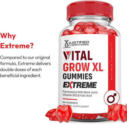 Justified Laboratories Vital Grow XL Gummies Extreme (2000 mg) - 60 Count - Formulated with Apple Cider Vinegar, Folate & Vitamin B12 - Non-GMO, Vegan, Gluten-free - 30 Servings