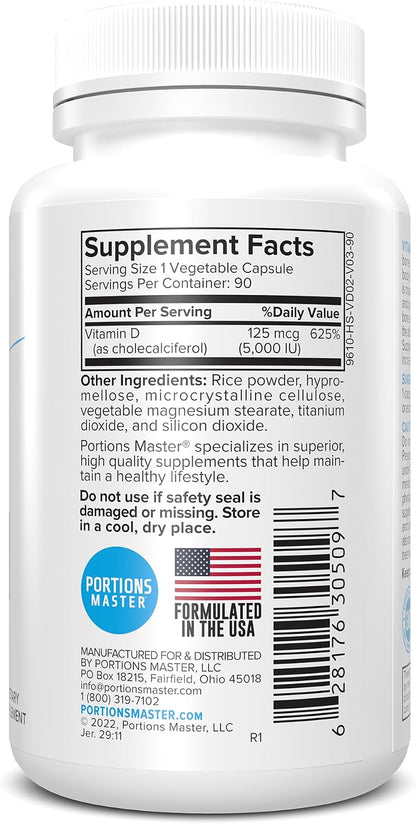 Portions Master Vitamin D3 5000 IU - Bone, Immune & Psychological Function Support (90 Soft gel capsule Capsules)