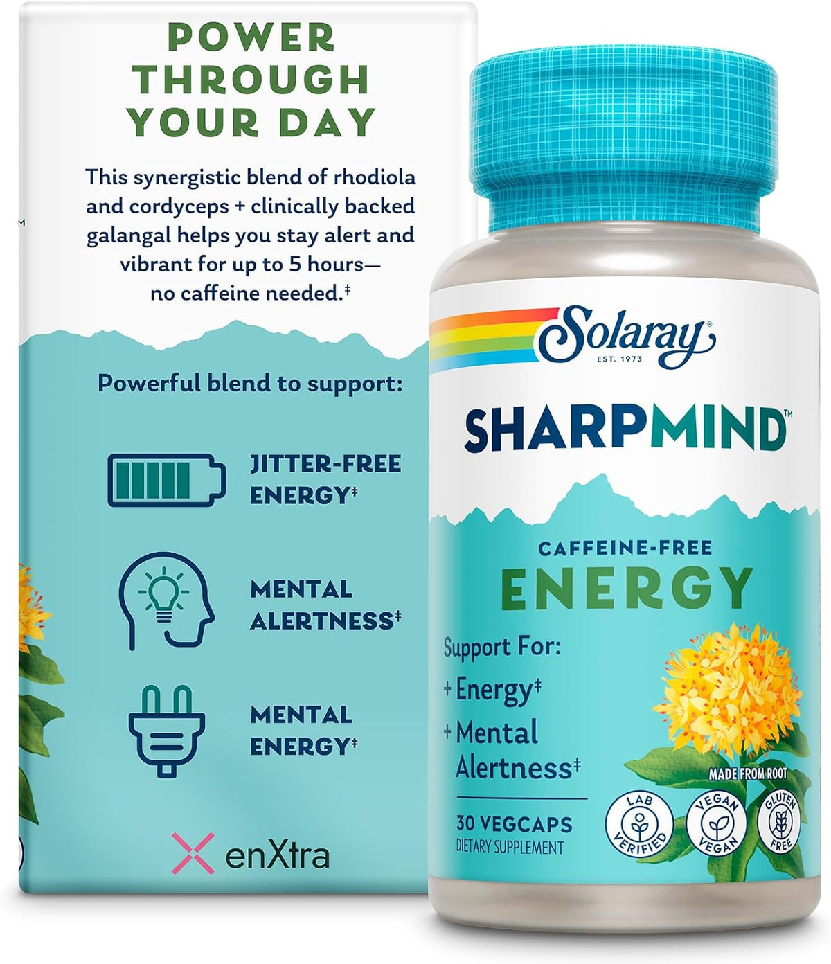 SOLARAY SharpMind Energy - Caffeine-Free Nootropic Focus Support with Rhodiola Rosea and Cordyceps, 30 Vegan Capsules - görsel 1