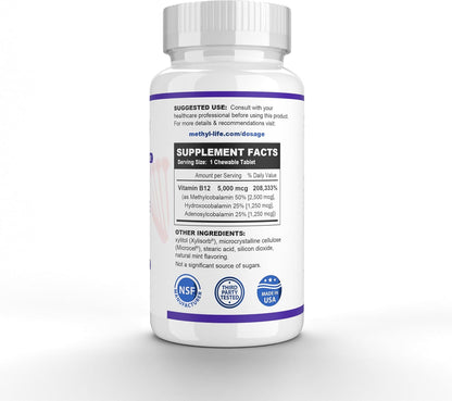 Methyl-Life B12 Complete – 5000 mcg Triple-Active B12 Supplement, 90 Chewable Tablets