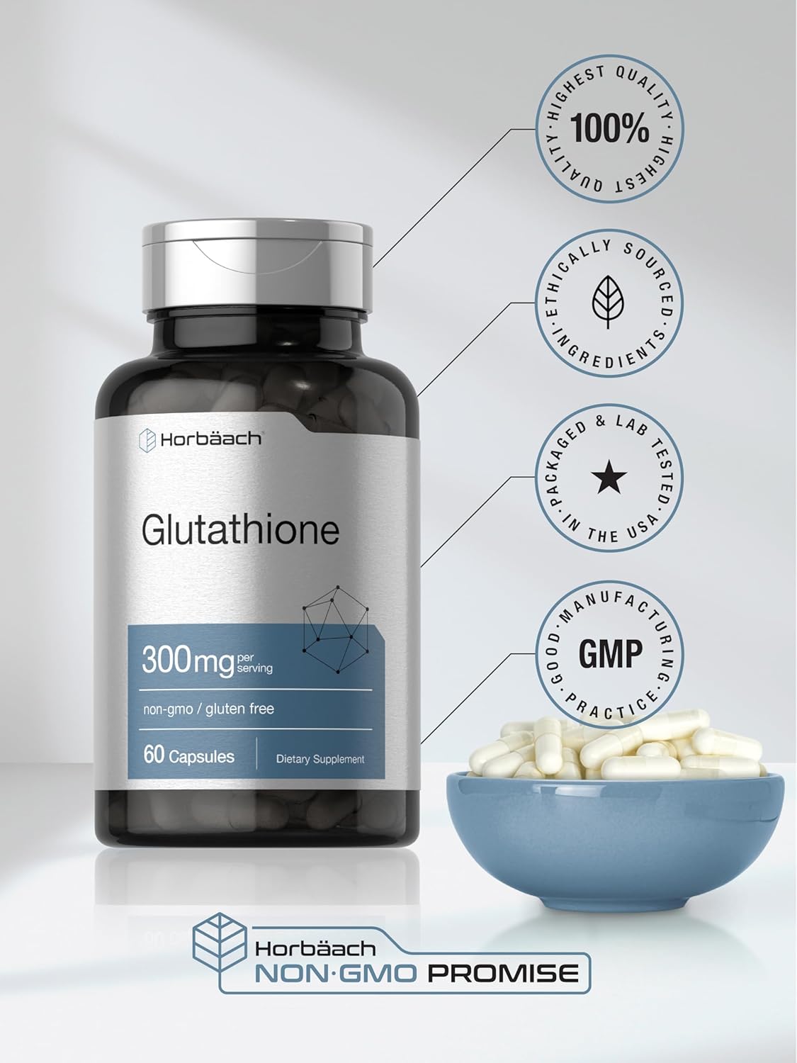 Horbäach Glutathione 300mg | 60 Capsules | Reduced Form | Non-GMO & Gluten-free Food Supplement - görsel 6