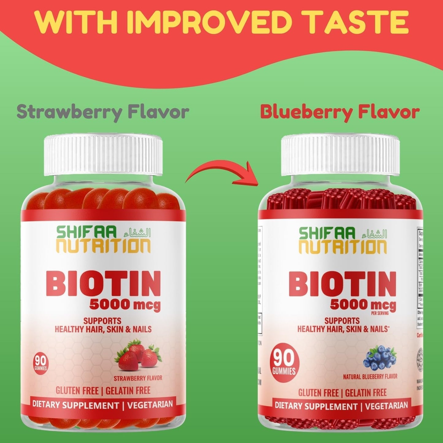 SHIFAA NUTRITION Vegan Biotin Gummies - 5000 mcg, 90 Gummies - Hair, Skin and Nails Support - görsel 2