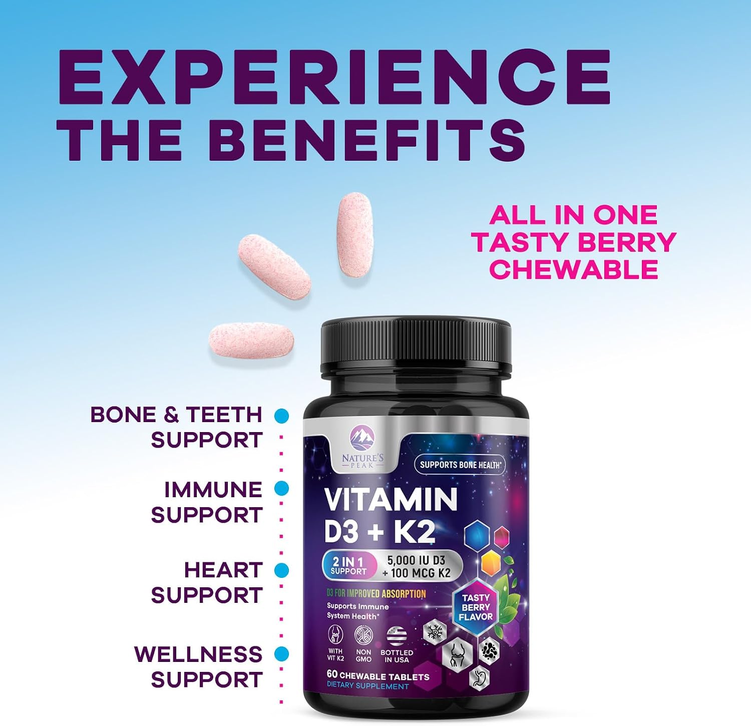 Vitamin D3 K2 5000 IU & 100 mcg MK-7 Berry Chew - 60 Chewable Tablets - görsel 7