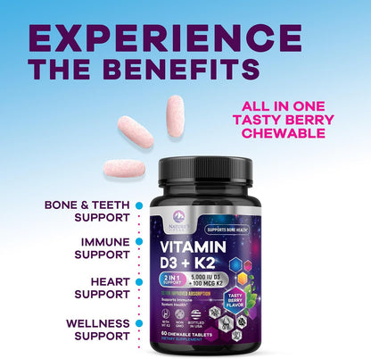 Vitamin D3 K2 5000 IU & 100 mcg MK-7 Berry Chew - 60 Chewable Tablets