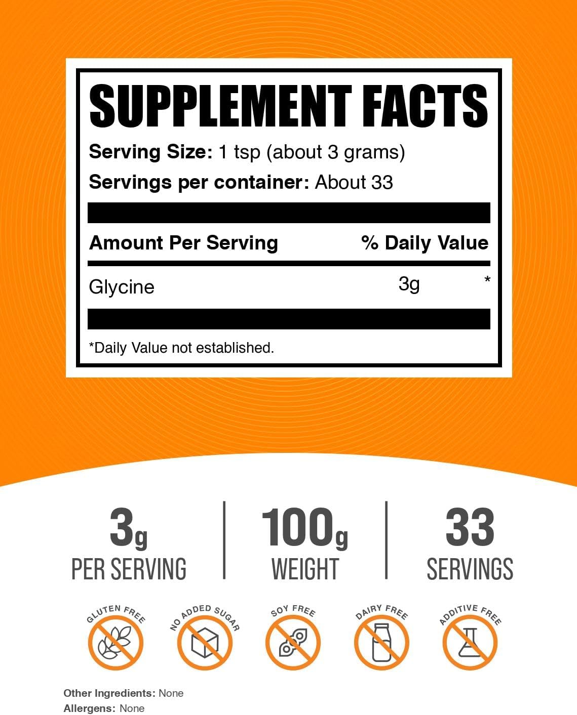 BulkSupplements.com Glycine Powder - 3g per Serving, 100g (3.5 oz) - Unflavoured, Gluten-Free Amino Acid Supplement - görsel 2