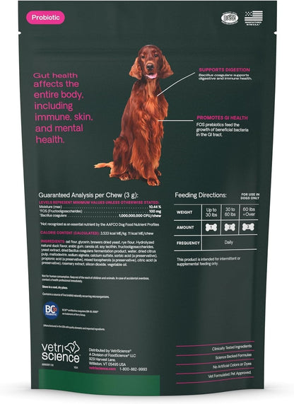 VetriScience Gut Health Chews, Probiotic Digestive Supplement for Dogs, Duck, 120 Chews