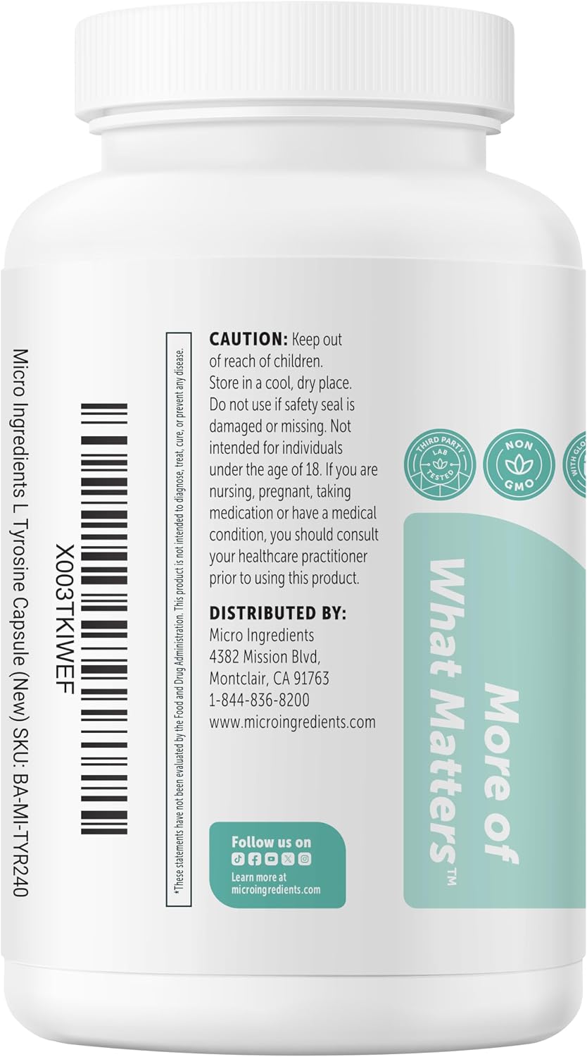Micro Ingredients L-Tyrosine 1,000 mg, 240 Capsules – Amino Acid Supplement, Non-GM - görsel 9