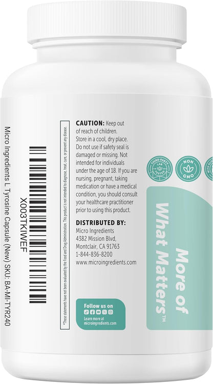 Micro Ingredients L-Tyrosine 1,000 mg, 240 Capsules – Amino Acid Supplement, Non-GM