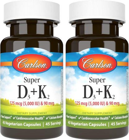 Carlson Super D3 + K2, 5000 IU Vitamin D3 & 90 mcg Vitamin K2 MK-7 – 45 Vegetarian Capsules