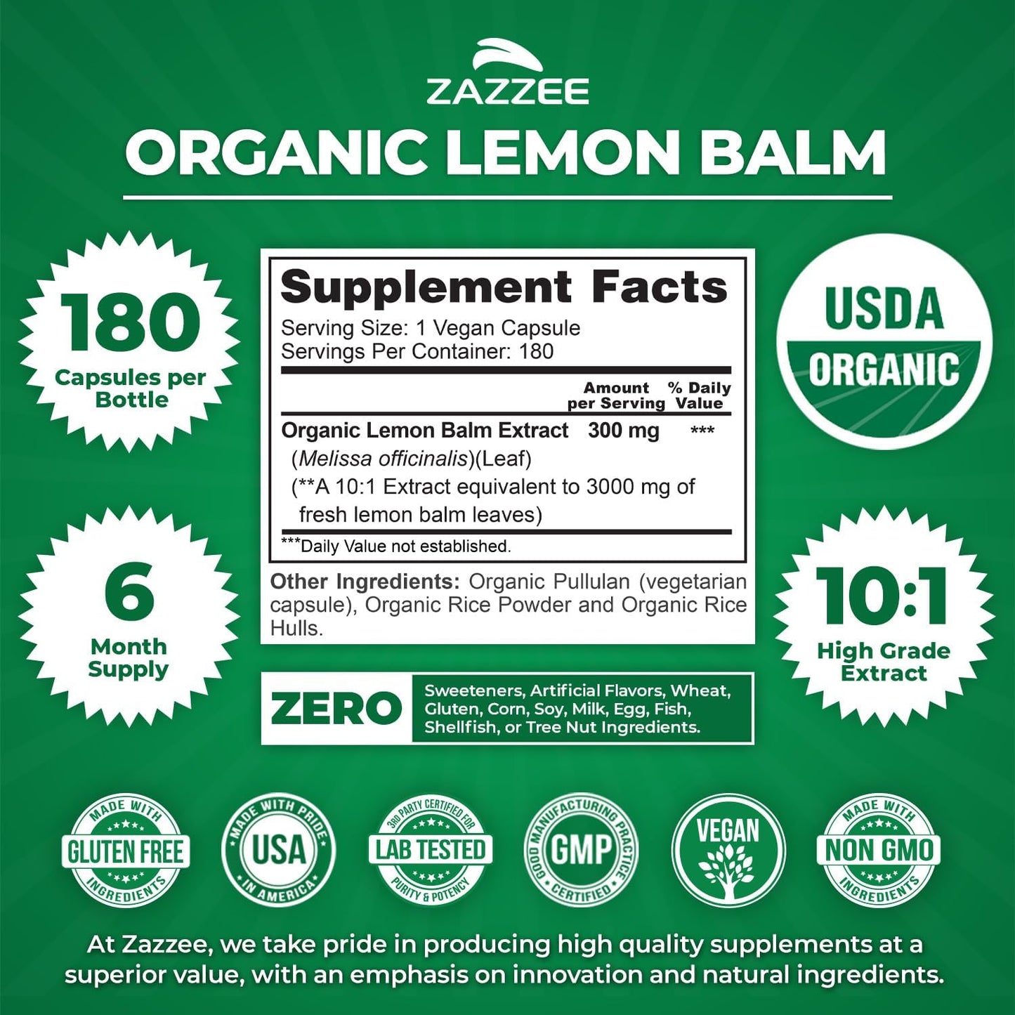 Zazzee USDA Organic Lemon Balm 10:1 Extract, 180 Vegan Capsules - 6 Month Supply - görsel 3