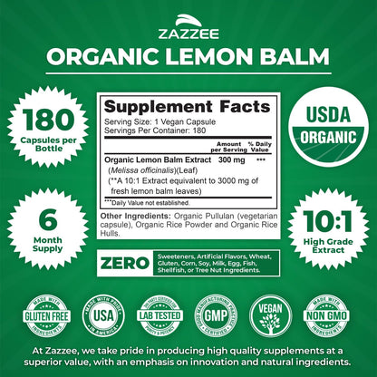 Zazzee USDA Organic Lemon Balm 10:1 Extract, 180 Vegan Capsules - 6 Month Supply
