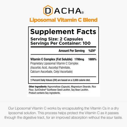 DACHA Natural Liposomal Vitamin C - 1700mg, 200 Capsules, High Absorption, Vegan