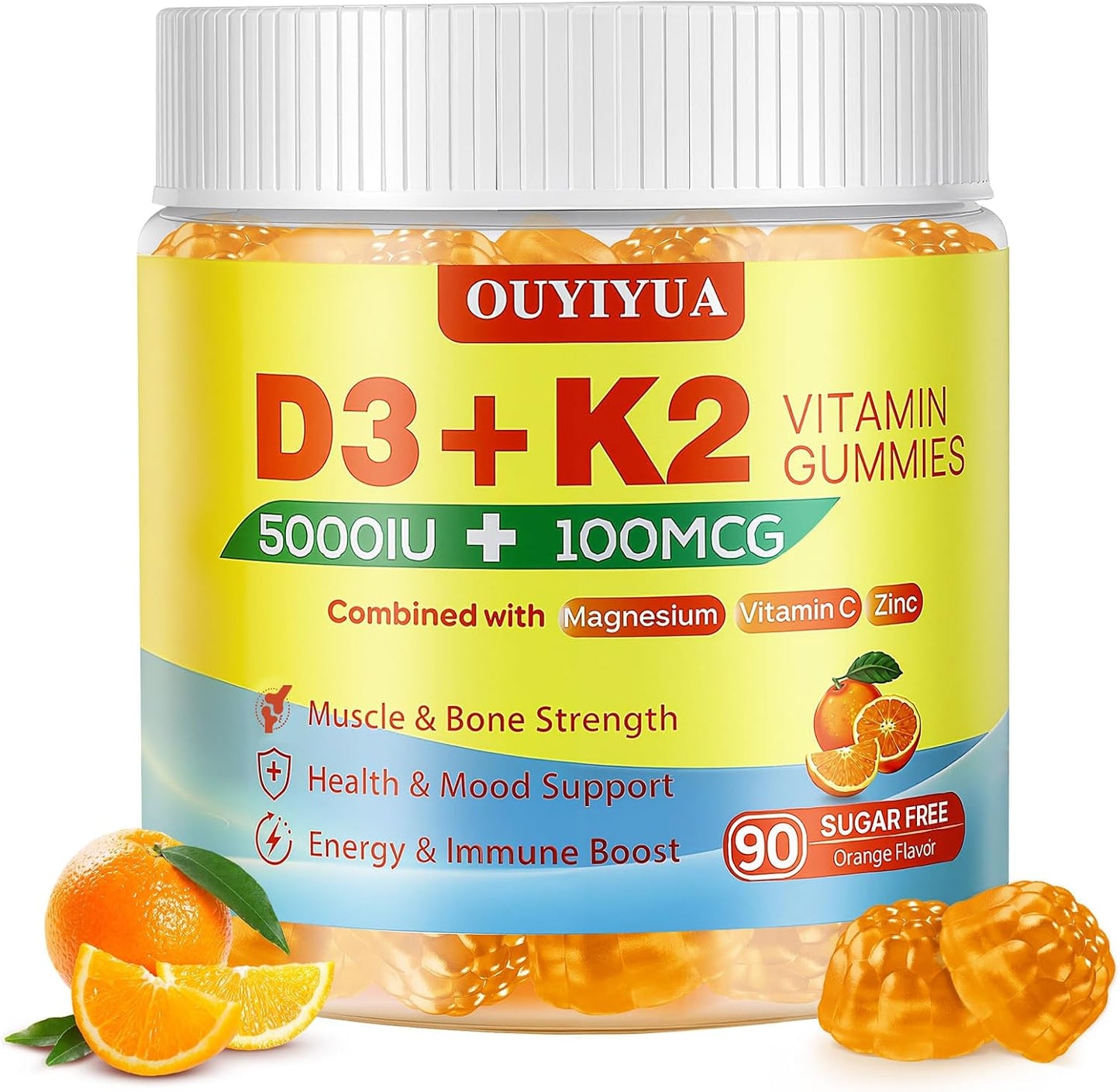 OUYIYUA Vitamin D3 K2 Gummies - 5000 IU D3 + 100 mcg K2 (MK-7), 90 Count - görsel 1