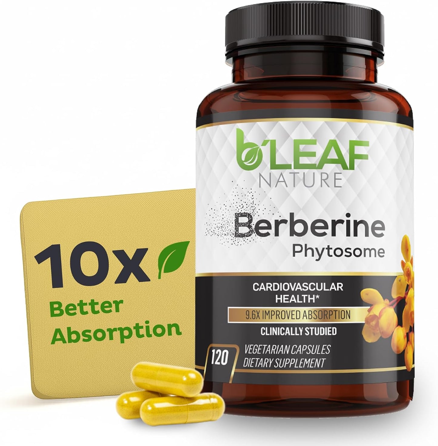 B'Leaf Nature Berberine Phytosome, 120 Capsules – 1100mg Berberine Supplement for Metabolic and Heart Health – Vegan, Gluten-Free, Non-GMO Berberine Phytosome Capsules for Immune Support - görsel 1
