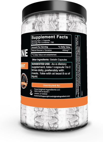 PURE ORIGINAL INGREDIENTS L-Tyrosine (730 Capsules) – No Fillers, Lab Verified