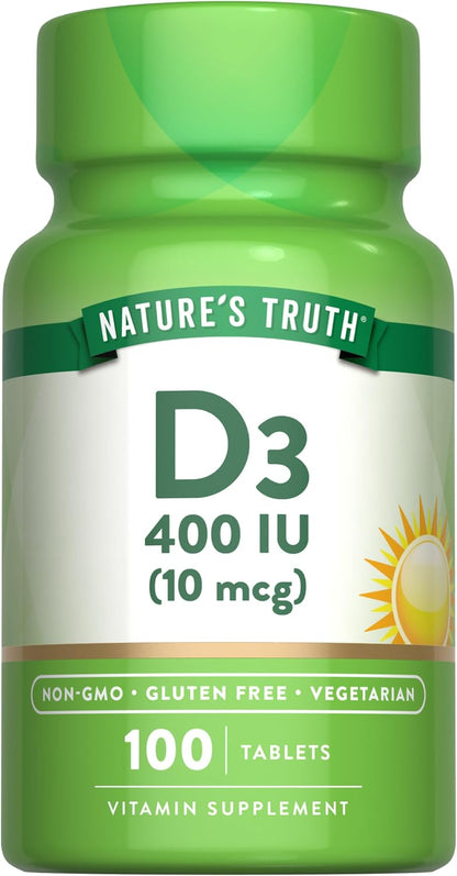 Nature's Truth Vitamin D3 | 400 IU (10 µg) | 100 Tablets | Vegetarian, Non-GMO & Gluten-free Supplement