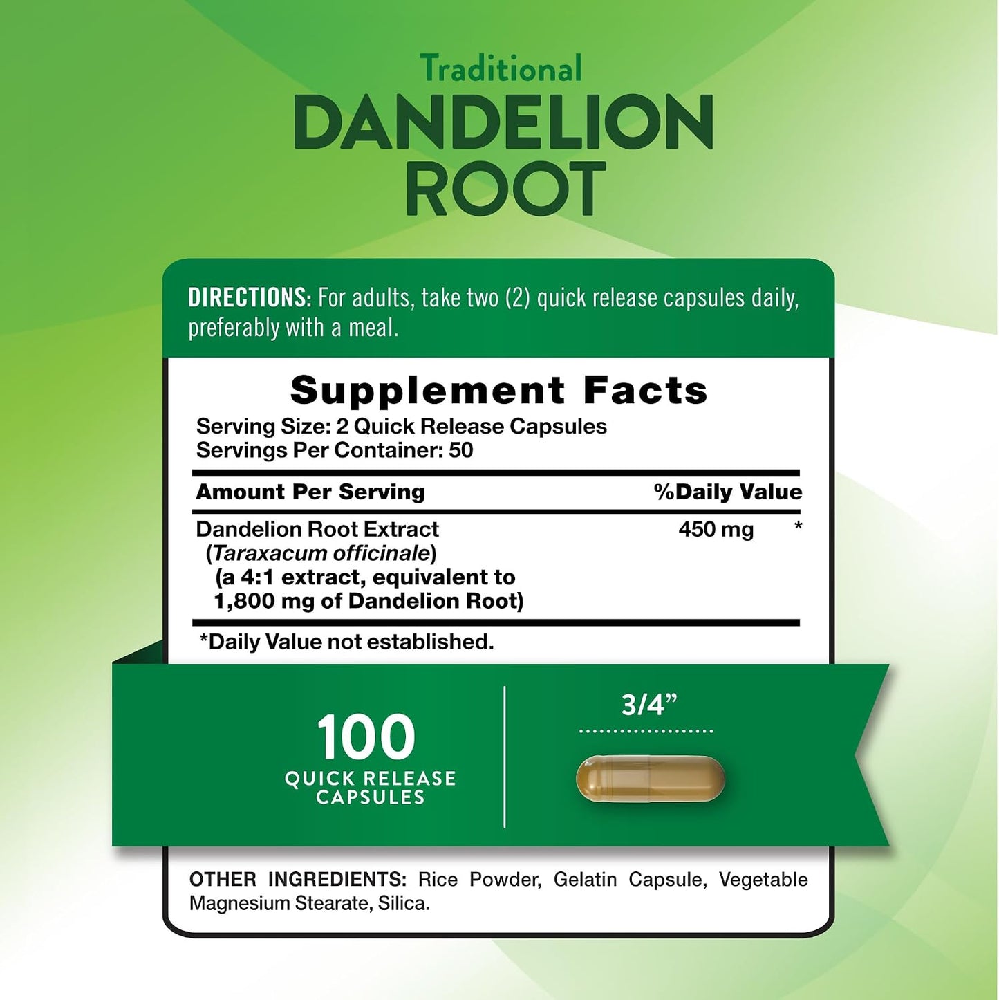 Nature's Truth Dandelion Root Capsules - 100 Capsules, Non-GMO & Gluten-free Herbal Supplement - görsel 2