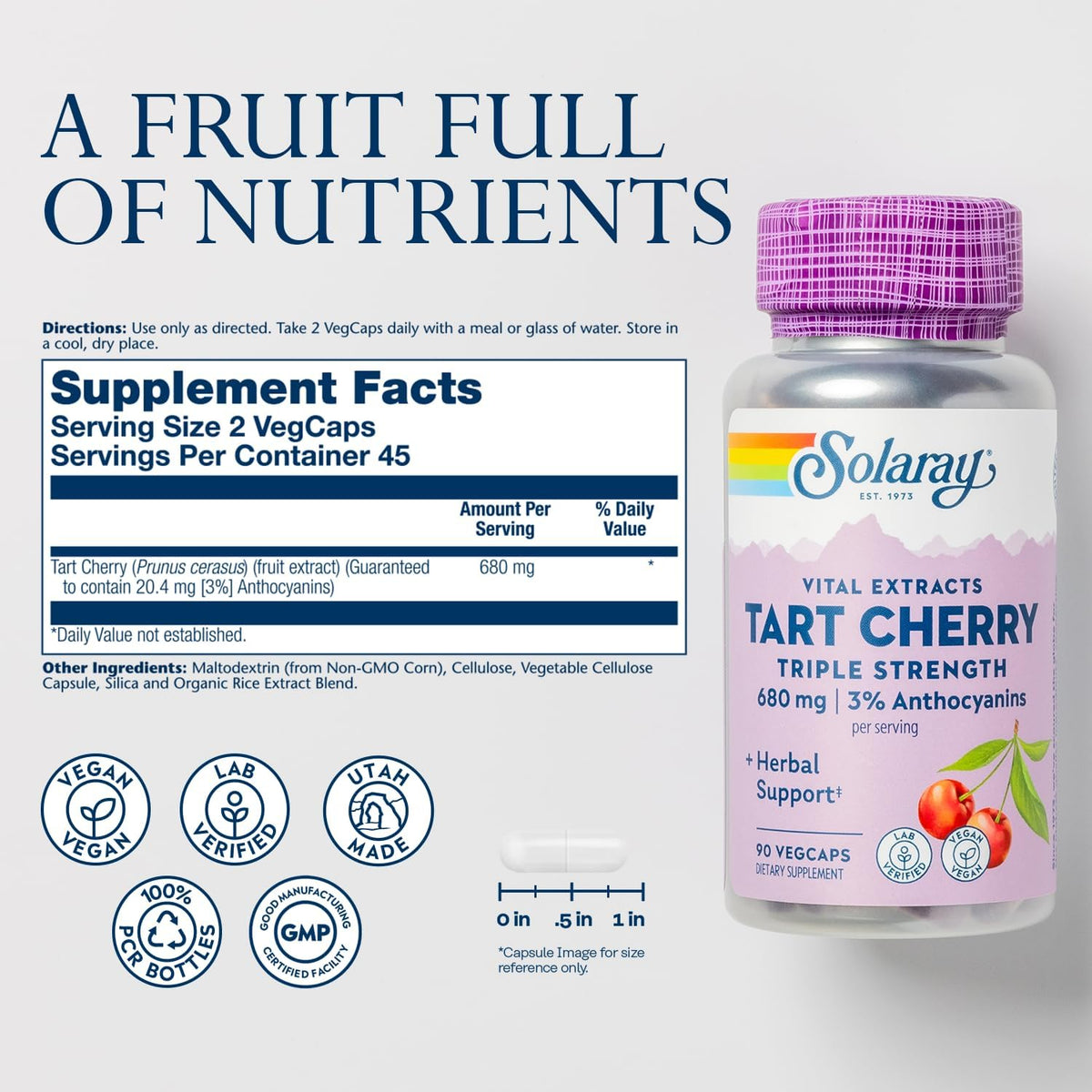 SOLARAY Triple Strength Tart Cherry Extract with 3% Anthocyanins - Tart Cherry Capsules for Normal Uric Acid Levels and Muscle Recovery Support, Vegan, 60-Day Guarantee, 45 Servings, 90 VegCaps - görsel 2