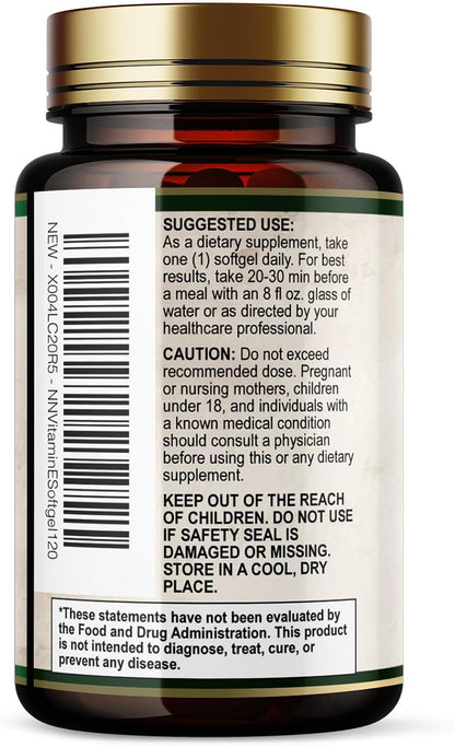 Vitamin E 180mg Per Serving – dl-Alpha Tocopherol Antioxidant Supplement, Non-GMO & Gluten-free – 120 Soft gel capsules
