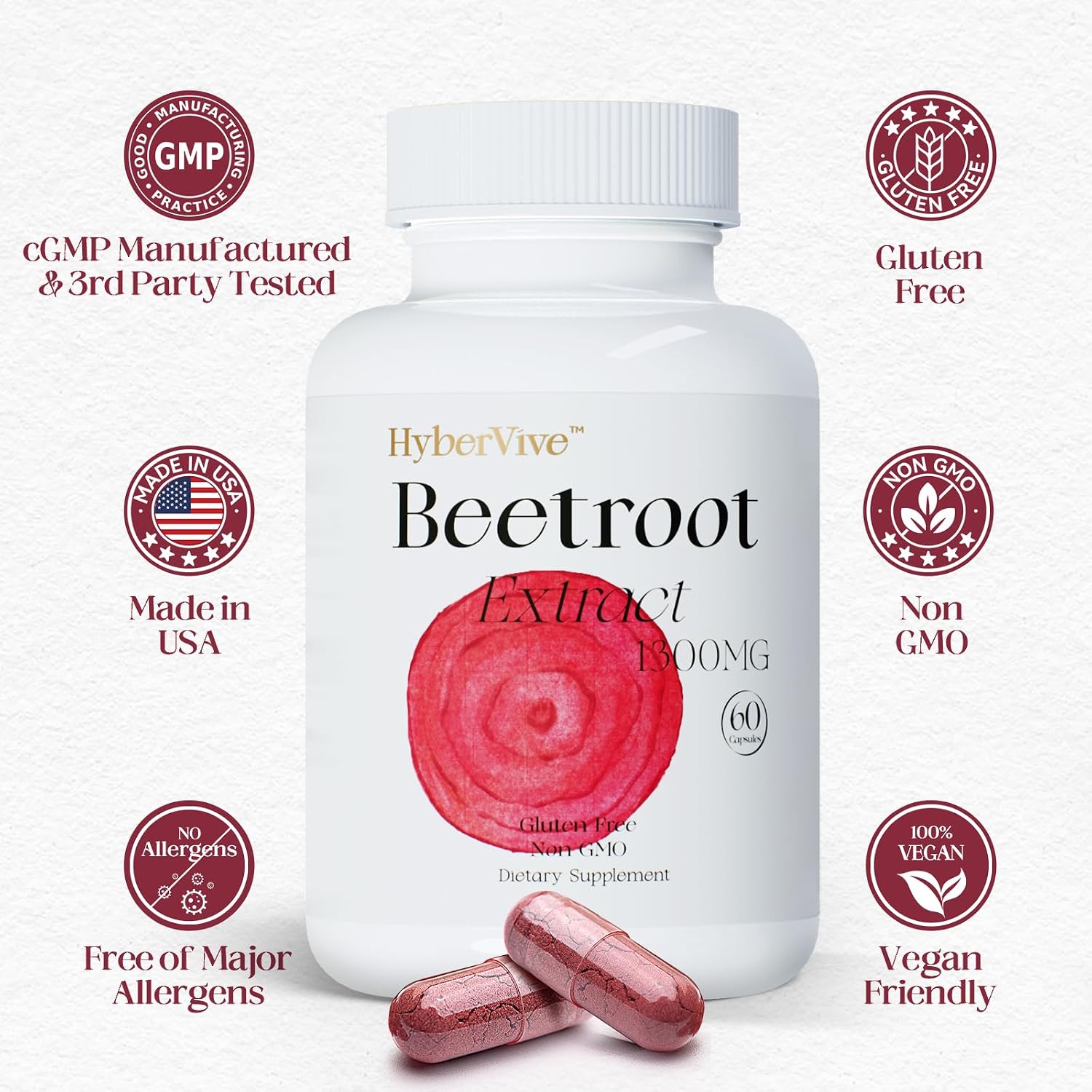 HyberVive Beet Root Powder Capsules – 1300mg, 60 Vegan Capsules - görsel 6