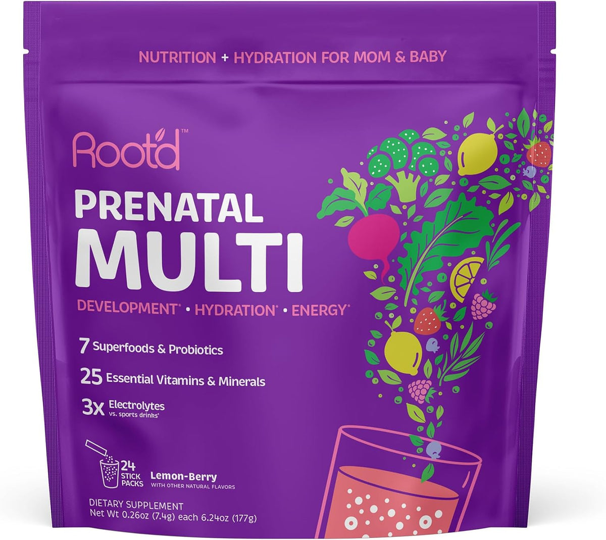Root'd Prenatal Multivitamin Powder - 25 Vitamins & Minerals with 3X Electrolytes, Folate, Iron, D3, 7 Superfoods & Probiotics (24 Packets) - görsel 1