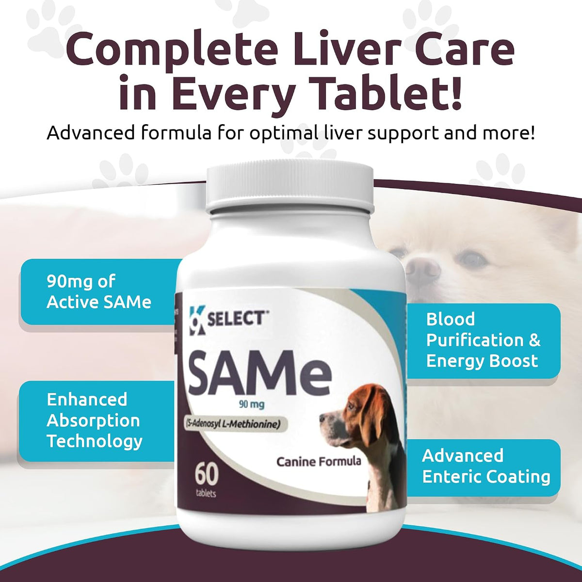 K9 Select SAM-e for Dogs – Liver and Joint Support Supplement for Small and Medium Dogs (90mg, 60 Enteric-Coated Tablets) - görsel 5