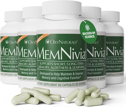 MemNivia Brain Supplement for Memory & Focus – Dual-Sage Stem Cell Formula with Cognivia, Bacopa, Holy Basil & Ginger – 60 Capsules